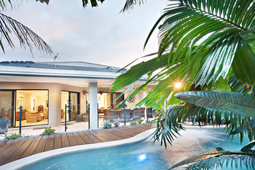 Luxury swimming pool near modern apartment