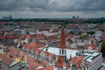 General aerial view of Munich from a tower featuring rooftops of buildings