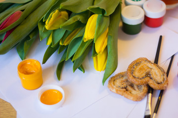 Tulips paper gouache. Draw a postcard. Postcard on March 8. Women's holiday.