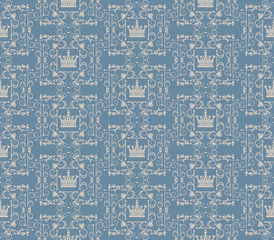 Old fashioned background, seamless pattern with crowns and floral pattern