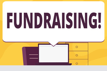 Word writing text Fundraising. Business photo showcasing Seeking of financial support for charity cause or enterprise Blank Huge Speech Bubble Pointing to White Laptop Screen in Workspace Idea
