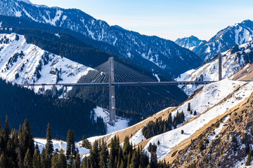 The frozen Sailimu lake with snow mountain background at Yili, Xinjiang of China