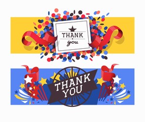 Lettering thank you set of banners vector illustration. Beautiful greeting card calligraphy text words with colorful confetti, ribbons, stars. Print design flyers, brochures.