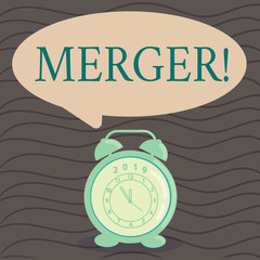 Word writing text Merger. Business photo showcasing Combination of two things or companies Fusion Coalition Unification Round Blank Speech Balloon in Pastel Shade and Colorful Analog Alarm Clock