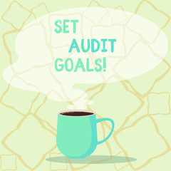 Word writing text Set Higher Goals. Business photo showcasing look for something that want accomplish and establishing Mug photo Cup of Hot Coffee with Blank Color Speech Bubble as Steam icon