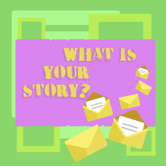Conceptual hand writing showing What Is Your Storyquestion. Concept meaning Telling demonstratingal past experiences Storytelling Closed and Open Envelopes with Letter on Color Stationery