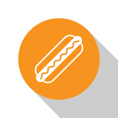 White Hotdog sandwich with mustard icon isolated on white background. Sausage icon. Fast food sign. Orange circle button. Vector Illustration