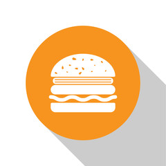 White Burger icon isolated on white background. Hamburger icon. Cheeseburger sandwich sign. Orange circle button. Vector Illustration