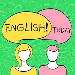Conceptual hand writing showing English. Concept meaning Relating to England its People or their Language Faces of Male and Female Colorful Speech Bubble Overlaying