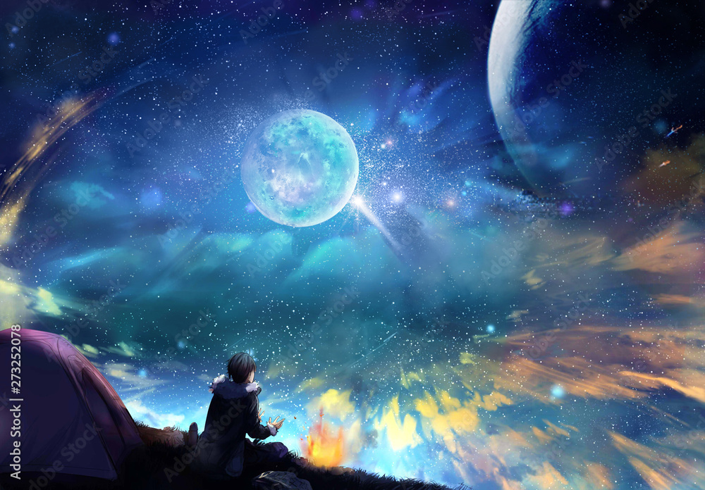 Canvas Prints abstract drawing of a man looking at a colorful sky