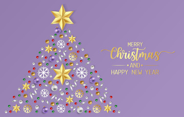 Merry Christmas greeting card, postcard, Poster with red, gold and green balls, shiny ribbon andsnow flake on purple background. Vector illustration