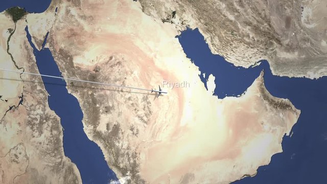 Plane arriving to Riyadh, Saudi arabia from west, intro 3D animation 