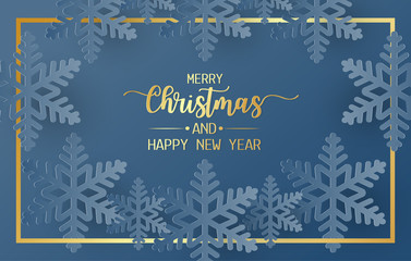 Merry christmas and happy new year greeting card, postcard with snowflake on blue background. Paper art style
