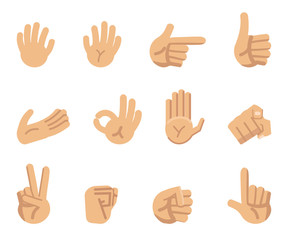 Set of cartoon hands showing different gestures. Okay, thumb up, this way, pointing, victory sign, stop, fist and other icons. Simple style vector illustration