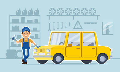 Vector illustration of a cheerful auto mechanic standing in his garage