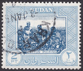 Obraz premium Cotton picking,agriculture.Indigenous motives, stamp Sudan 1951