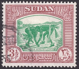 Nuba wrestlers.Martial arts,freestyle wrestling,sports, stamp Sudan 1951