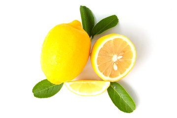 fresh lemon with lime and leaves on white background