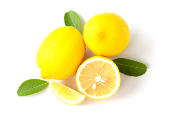 fresh lemon with lime and leaves on white background