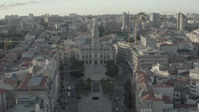 City hall of Porto in Portugal, 4k aerial drone skyline ungraded / raw 