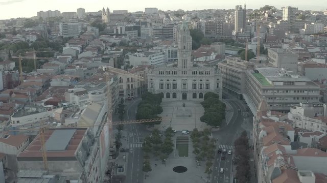 City hall of Porto in Portugal, 4k aerial drone skyline ungraded / raw 