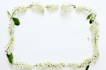 Creative layout made of flowers  with paper card note.  Flowers composition. Pattern made of white  flowers  on white background. Flat lay, top view, copy space.Spring, summer, easter concept.