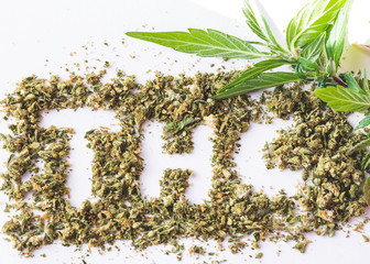 THC Letters In Marijuana Shake With Cannabis Plant Leafs On White