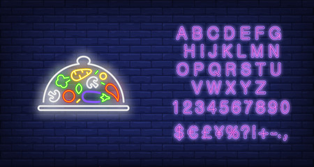 Vegetables on tray under lid neon sign. Cooking, kitchen and restaurant advertisement design. Night bright neon sign, colorful billboard, light banner. Vector illustration in neon style.