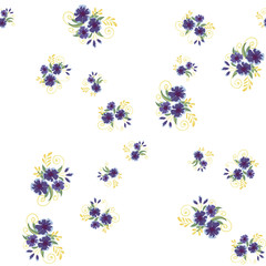 Vintage seamless pattern with field small blue flowers on white background.