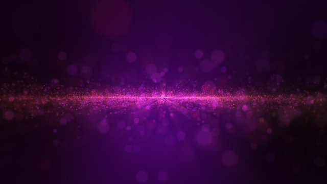 Glow purple dust particale glitter sparks abstract background for celebration with light beam and shine in center.
