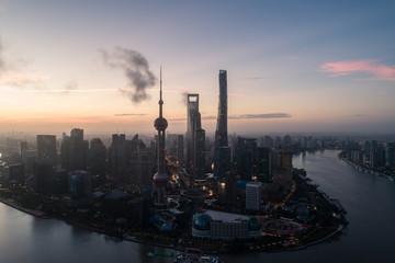 Naklejka premium aerial view of Lujiazui, Shanghai city, at dawn