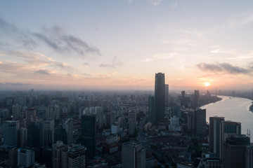 aerial view of Lujiazui, Shanghai city, at dawn