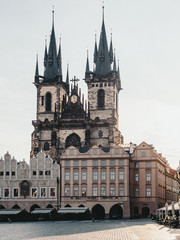 Fototapeta premium Sunrise and Church of Our Lady before Týn, Prague, Czech Republic