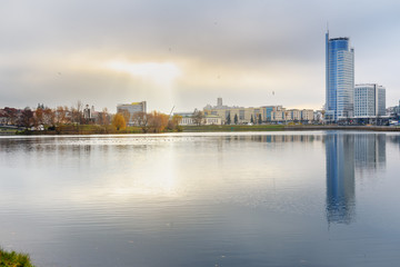 Fototapeta na wymiar Embankment of Svisloch River in center of Minsk. Belarus