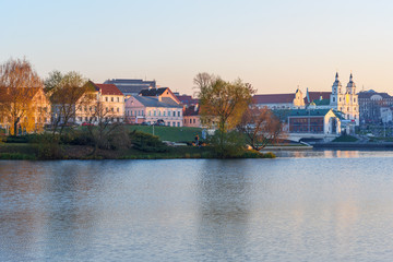 View of Upper Town and Traetskae Pradmestse or Trinity Suburb on Svisloch river bank in Minsk. Belarus