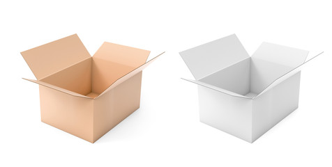 Open box mock up. Set of white and brown cartons. 3d rendering illustration isolated