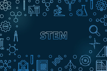 STEM concept horizontal outline blue frame. Vector Science, Technology, Engineering and Mathematics illustration on dark background