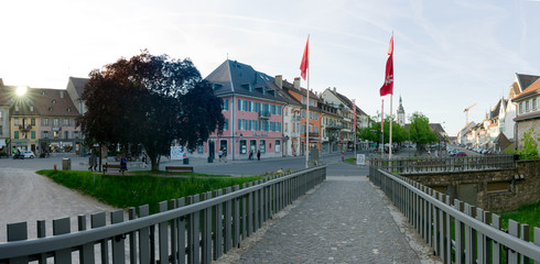 the historic city center in the Swiss village of Bulle in canton Fribourg