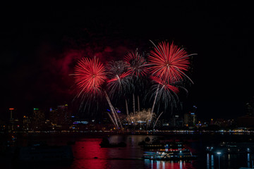 PATTAYA, THAILAND - MAY24: Beautiful lights on the night, colorful fireworks, and International fireworks at Pattaya International Fireworks Festival 2019 on May 24,2019 in Pattaya,Thailand.