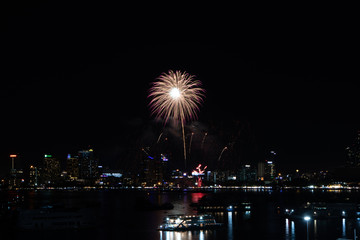 PATTAYA, THAILAND - MAY24: Beautiful lights on the night, colorful fireworks, and International fireworks at Pattaya International Fireworks Festival 2019 on May 24,2019 in Pattaya,Thailand.