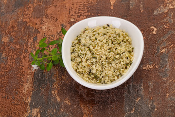 Peeled hemp seeds in the bowl
