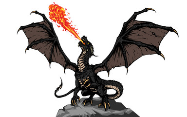 Dragon fire breathing spreading wings, illustration