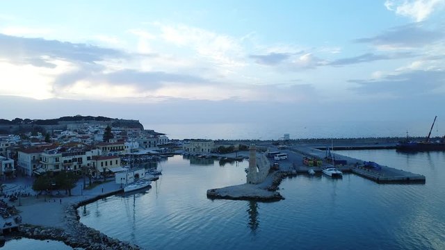 Sea Harbor, port and city in the evening, air view.