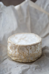 Camembert, soft cheese on crumpled paper background