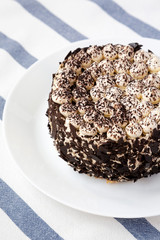 Homemade tiramisu cake on a white plate, low angle view. Close-up.