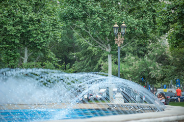 Water fountain on a sunny day at Union Square in Bucharest City
