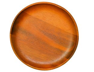Wooden plate dish circle  top view isolated on white background