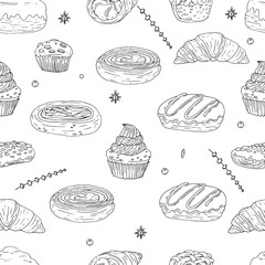 Seamless pattern of elements with hand drawn bakery products on a white background