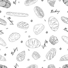 Seamless pattern of elements with hand drawn bakery products on a white background