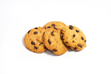Closeup of chocolate chip cookie on white background